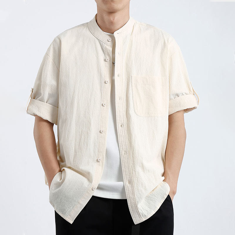 Buddha Stones Simple Men's Short Sleeve Button Down Cotton Linen Shirt