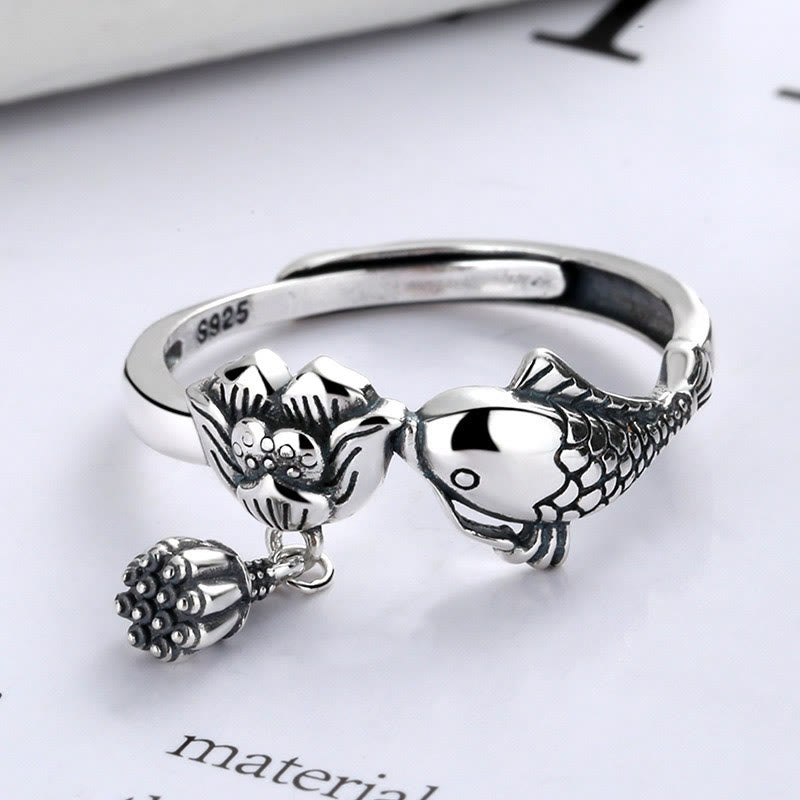 Buddha Stones 925 Sterling Silver Koi Fish Lotus Flower Success Ring - image 1