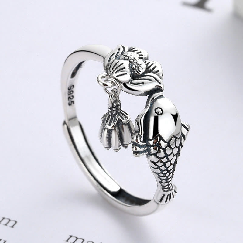 Buddha Stones 925 Sterling Silver Koi Fish Lotus Flower Success Ring - image 2