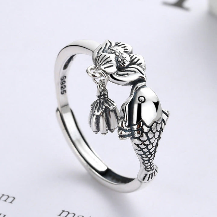 Buddha Stones 925 Sterling Silver Koi Fish Lotus Flower Success Ring - image 2