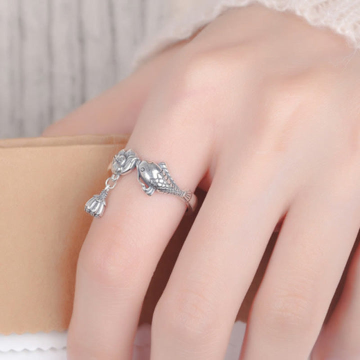 Buddha Stones 925 Sterling Silver Koi Fish Lotus Flower Success Ring - image 5