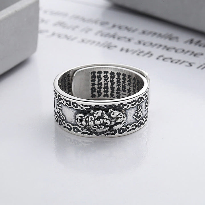 Buddha Stones 925 Sterling Silver PiXiu Scripture Carved Wealth Adjustable Ring