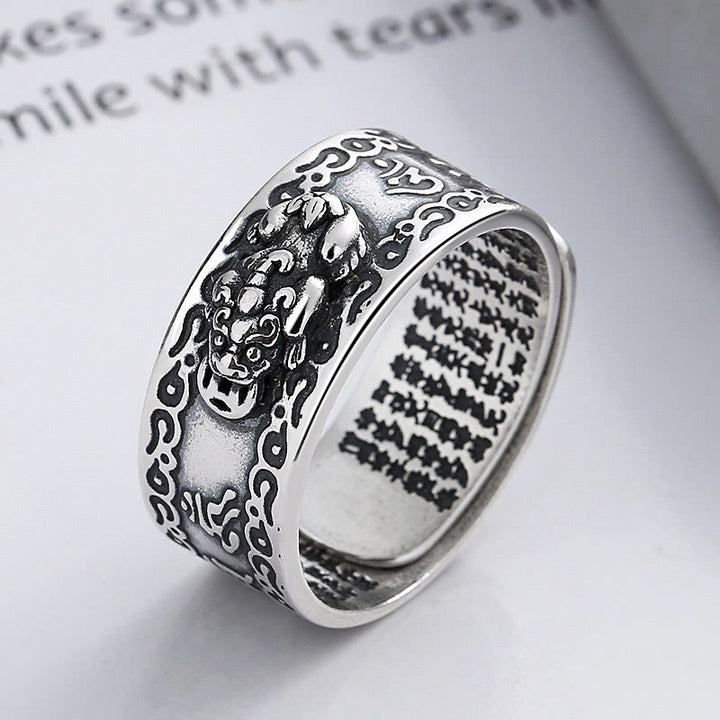 Buddha Stones 925 Sterling Silver PiXiu Scripture Carved Wealth Adjustable Ring