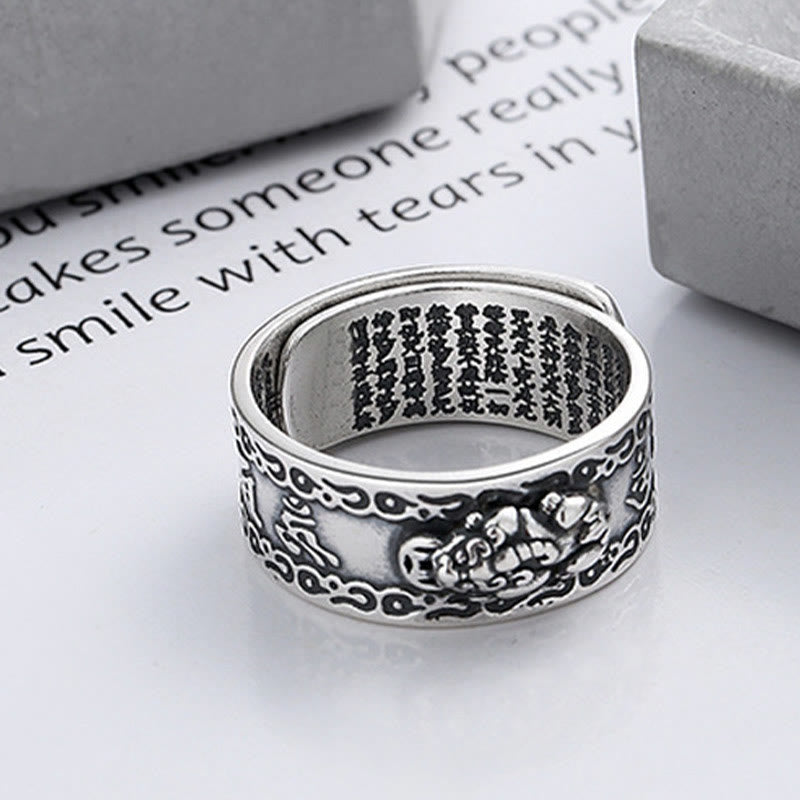 Buddha Stones 925 Sterling Silver PiXiu Scripture Carved Wealth Adjustable Ring