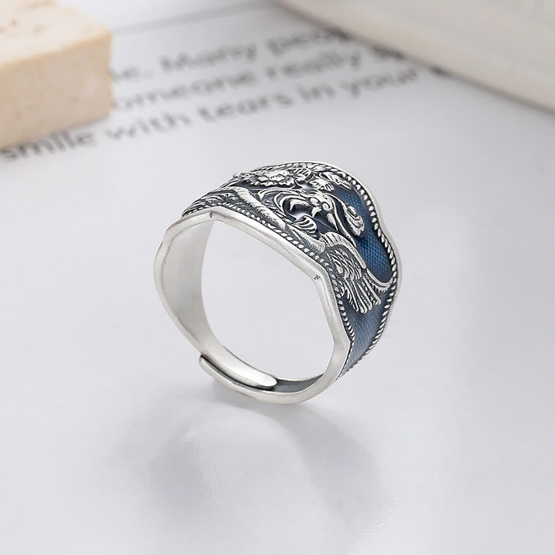 Buddha Stones 925 Sterling Silver Phoenix Peony Flowers Carved Luck Adjustable Ring - image 2