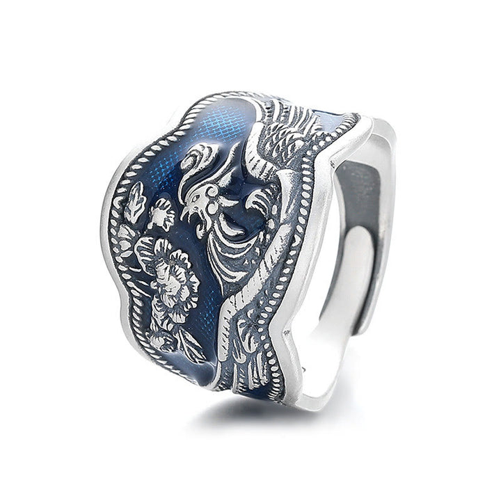 Buddha Stones 925 Sterling Silver Phoenix Peony Flowers Carved Luck Adjustable Ring - image 9