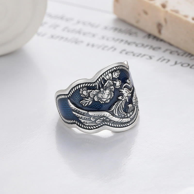 Buddha Stones 925 Sterling Silver Phoenix Peony Flowers Carved Luck Adjustable Ring - image 1