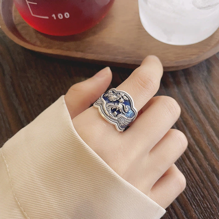 Buddha Stones 925 Sterling Silver Phoenix Peony Flowers Carved Luck Adjustable Ring - image 4