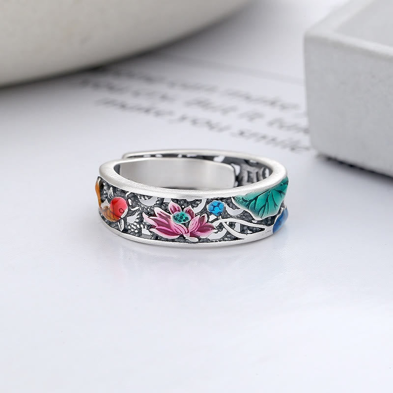 Buddha Stones 925 Sterling Silver Koi Fish Lotus Luck Everything Goes Well Ring - image 1