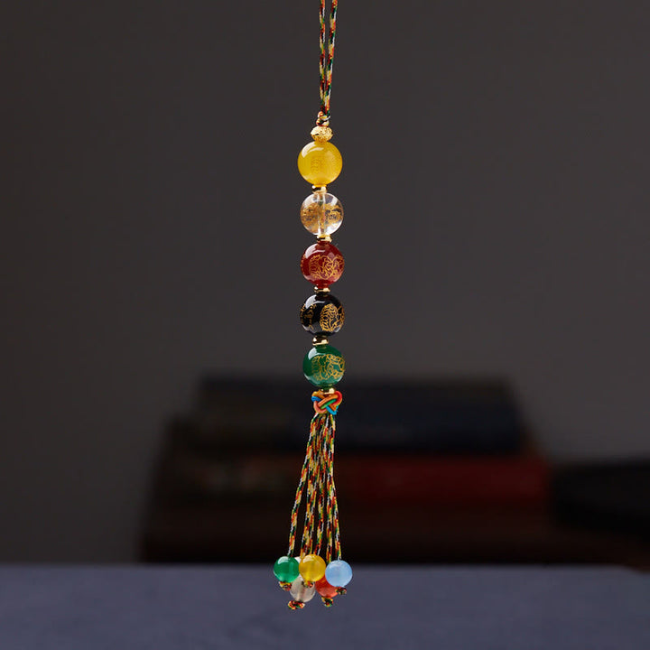 Buddha Stones Handmade Tibetan Five God Of Wealth Various Agate Luck Braid Rope Car Hanging Decoration