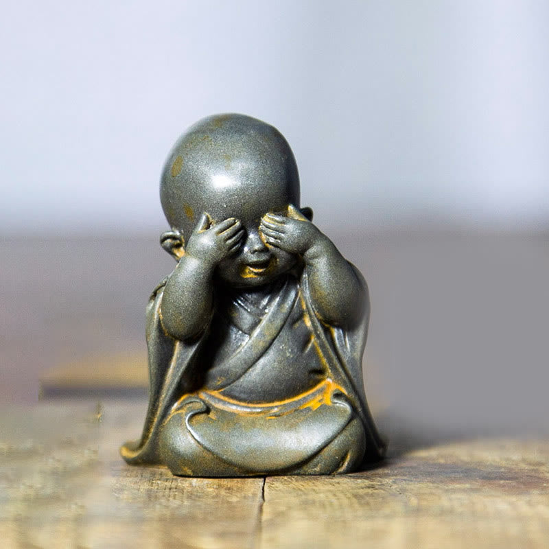 Buddha Stones Small Meditating Monk Iron Powder Rust Cast Resin Statue Desk Decoration