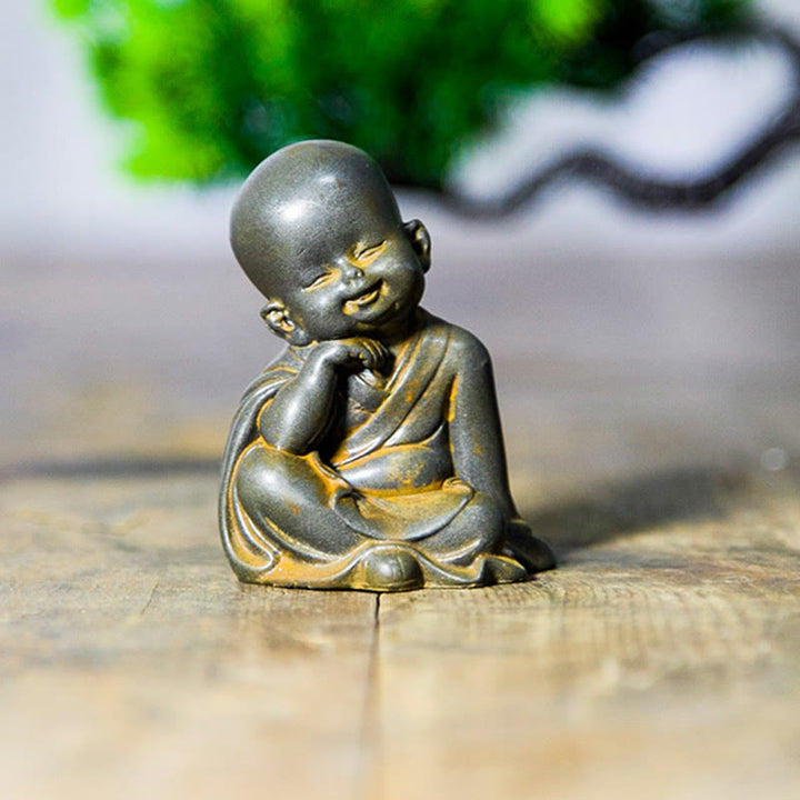 Buddha Stones Small Meditating Monk Iron Powder Rust Cast Resin Statue Desk Decoration