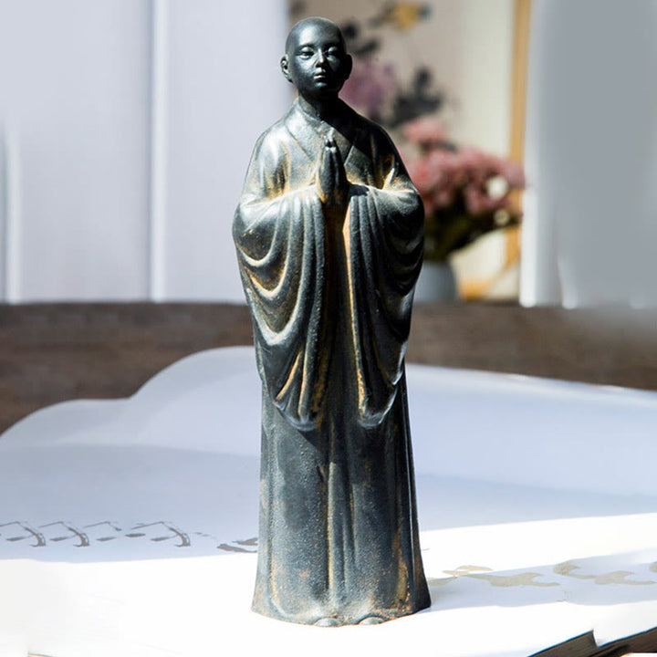 Buddha Stones Meditating Praying Monk Iron Powder Rust Cast Resin Statue Home Decoration - image 1