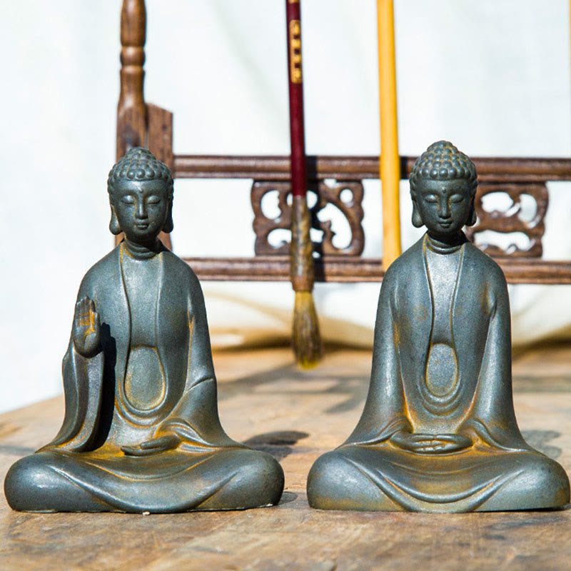 Buddha Stones Handmade Meditation Sakyamuni Buddha Iron Powder Rust Cast Resin Statue Decoration