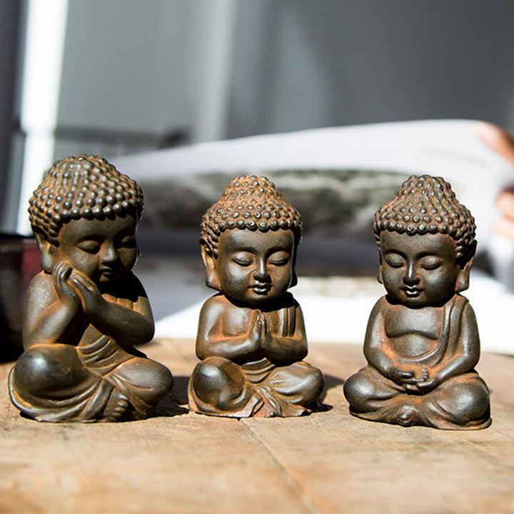 Buddha Stones Handmade Small Sakyamuni Buddha Iron Powder Rust Cast Resin Statue Decoration