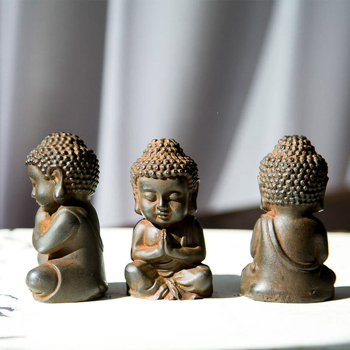 Buddha Stones Handmade Small Sakyamuni Buddha Iron Powder Rust Cast Resin Statue Decoration