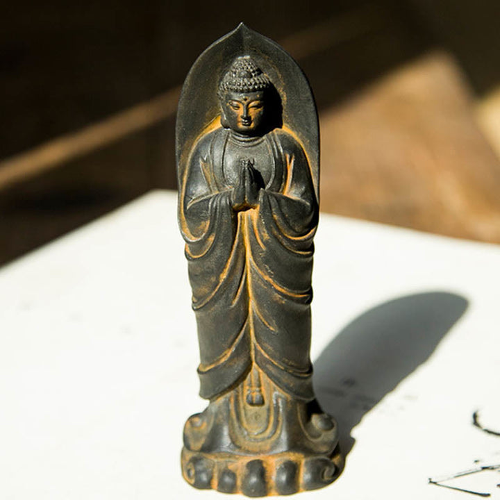 Buddha Stones Handmade Sakyamuni Buddha Namaste Iron Powder Rust Cast Resin Statue Decoration