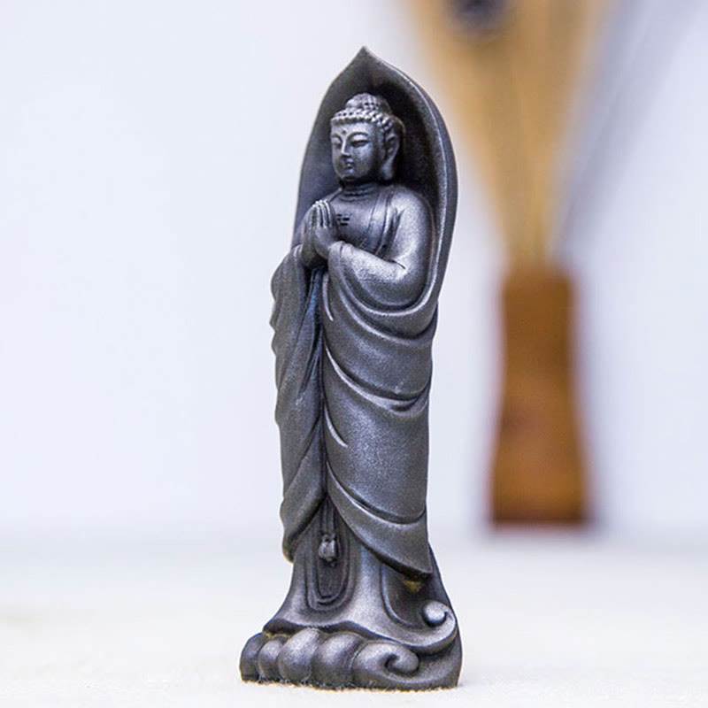 Buddha Stones Handmade Sakyamuni Buddha Namaste Iron Powder Rust Cast Resin Statue Decoration