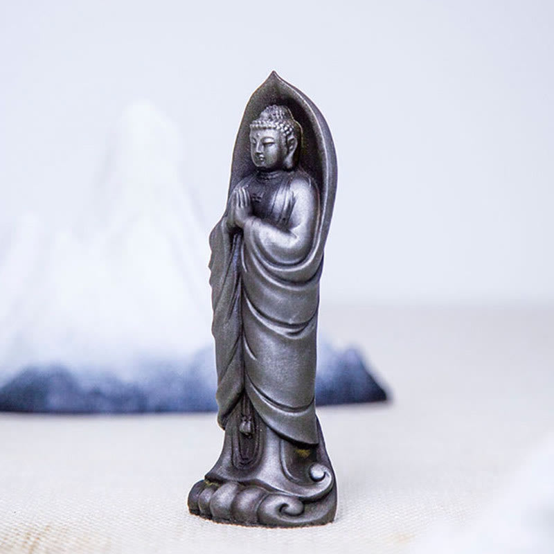 Buddha Stones Handmade Sakyamuni Buddha Namaste Iron Powder Rust Cast Resin Statue Decoration