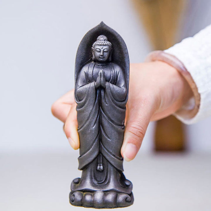 Buddha Stones Handmade Sakyamuni Buddha Namaste Iron Powder Rust Cast Resin Statue Decoration