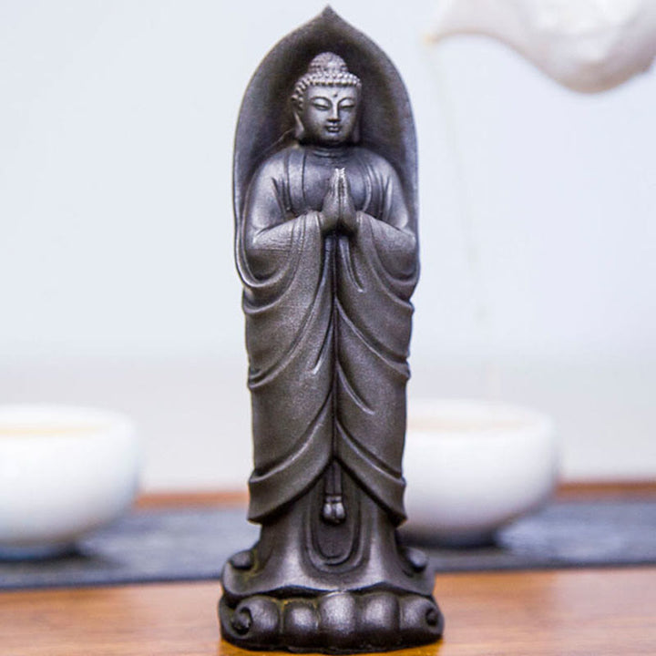 Buddha Stones Handmade Sakyamuni Buddha Namaste Iron Powder Rust Cast Resin Statue Decoration - image 18