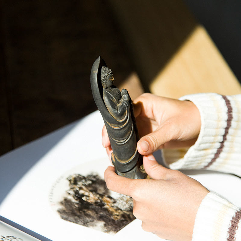 Buddha Stones Handmade Sakyamuni Buddha Namaste Iron Powder Rust Cast Resin Statue Decoration - image 6