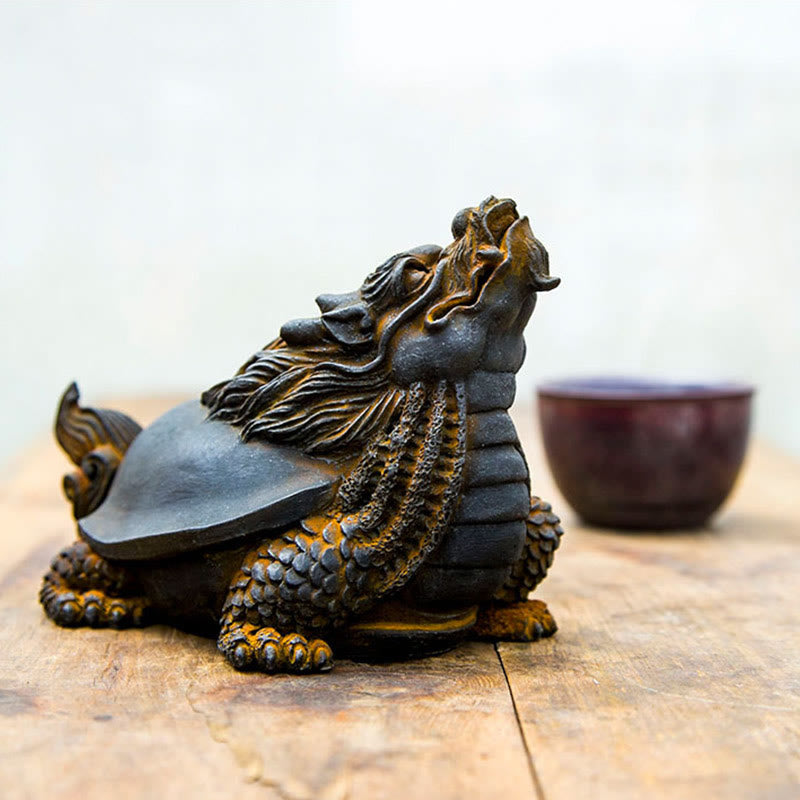 Buddha Stones Handmade Dragon Turtle Iron Powder Rust Cast Resin Statue Home Decoration