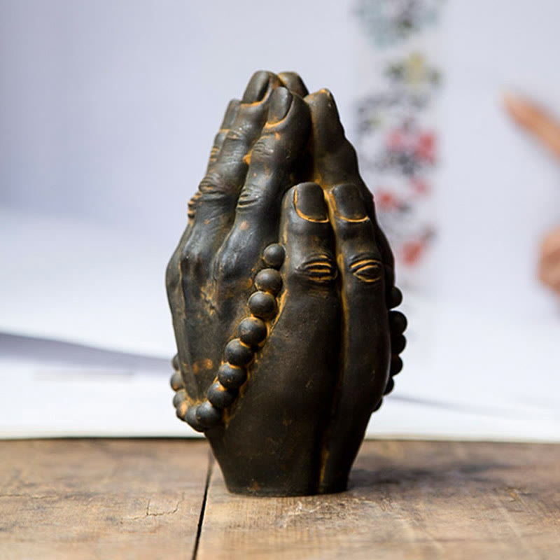 Buddha Stones Handmade Buddha Hand Namaste Iron Powder Rust Cast Resin Statue Decoration