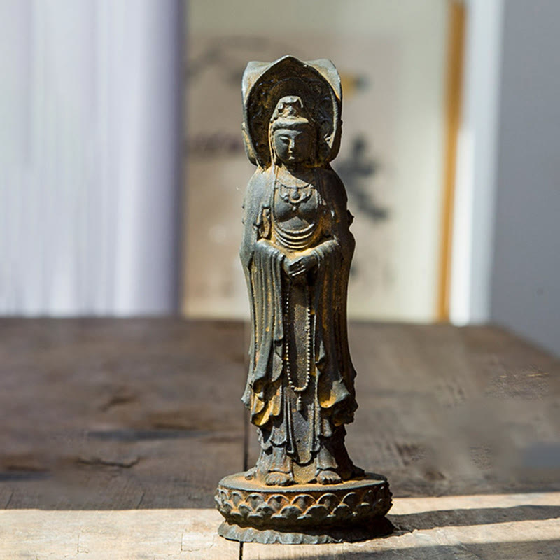 Buddha Stones Three-sided Kwan Yin Avalokitesvara Iron Powder Rust Cast Resin Statue Wealth Desk Decoration