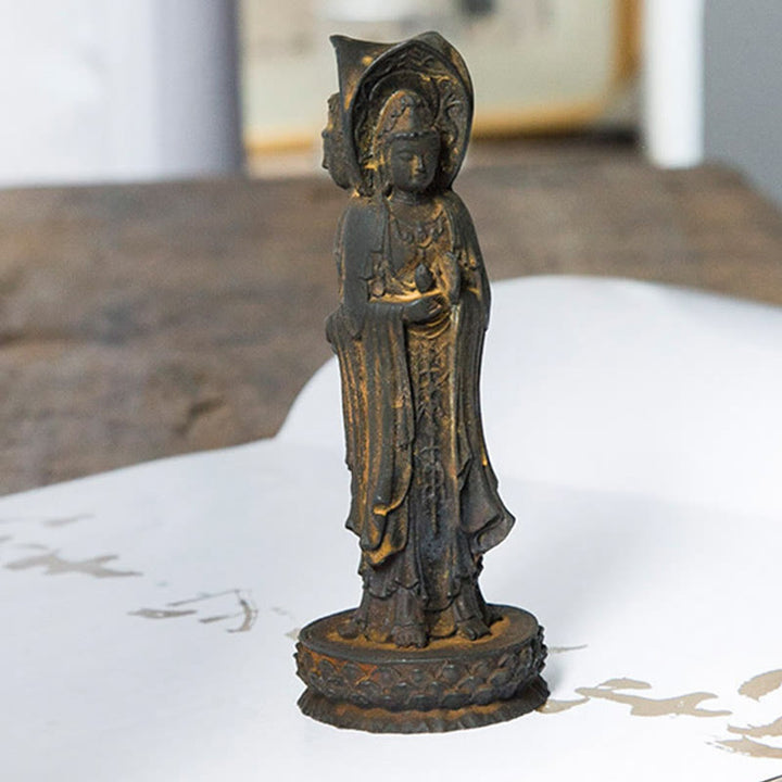 Buddha Stones Three-sided Kwan Yin Avalokitesvara Iron Powder Rust Cast Resin Statue Wealth Desk Decoration