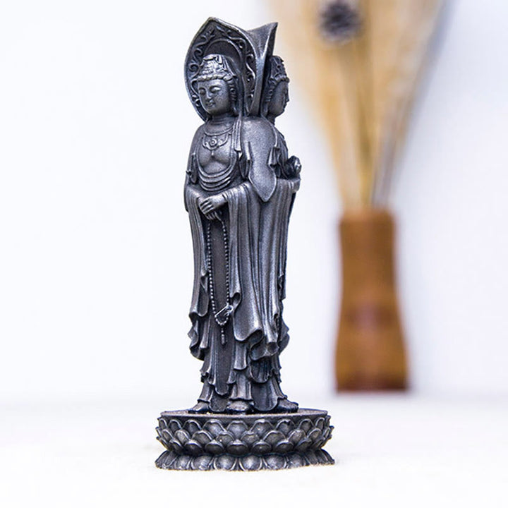 Buddha Stones Three-sided Kwan Yin Avalokitesvara Iron Powder Rust Cast Resin Statue Wealth Desk Decoration