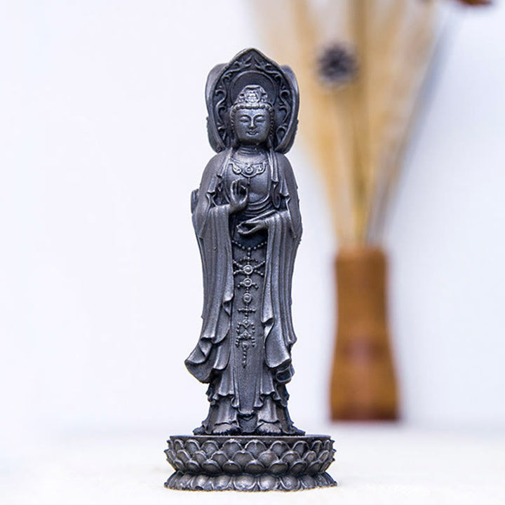 Buddha Stones Three-sided Kwan Yin Avalokitesvara Iron Powder Rust Cast Resin Statue Wealth Desk Decoration