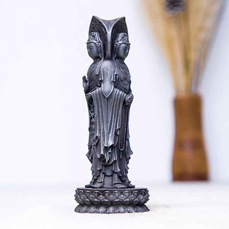 Buddha Stones Three-sided Kwan Yin Avalokitesvara Iron Powder Rust Cast Resin Statue Wealth Desk Decoration