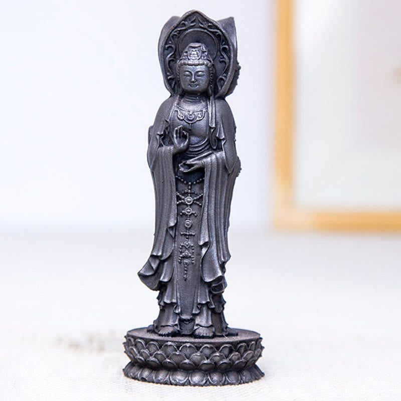 Buddha Stones Three-sided Kwan Yin Avalokitesvara Iron Powder Rust Cast Resin Statue Wealth Desk Decoration