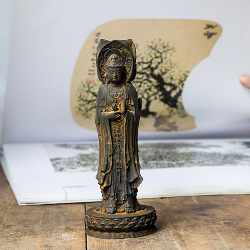 Buddha Stones Three-sided Kwan Yin Avalokitesvara Iron Powder Rust Cast Resin Statue Wealth Desk Decoration - image 8