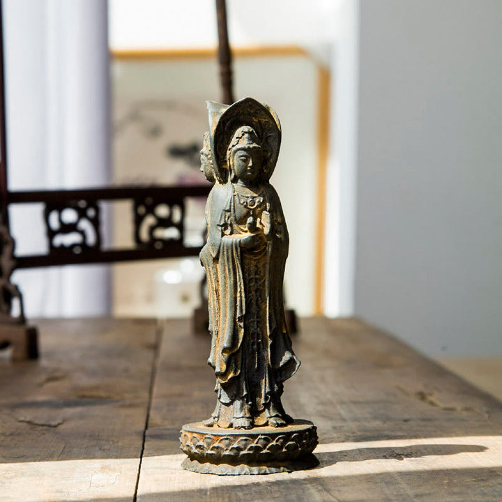 Buddha Stones Three-sided Kwan Yin Avalokitesvara Iron Powder Rust Cast Resin Statue Wealth Desk Decoration