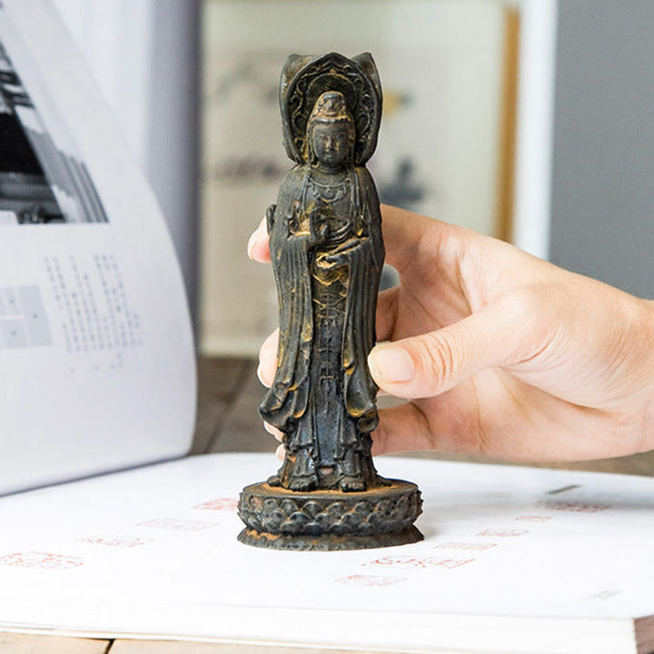 Buddha Stones Three-sided Kwan Yin Avalokitesvara Iron Powder Rust Cast Resin Statue Wealth Desk Decoration - image 6