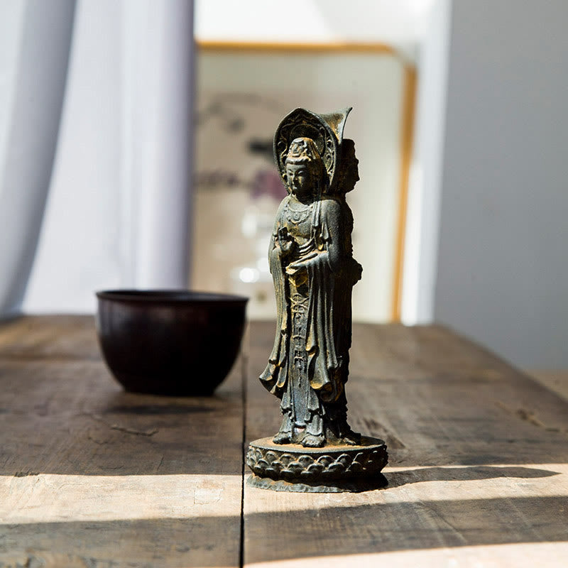 Buddha Stones Three-sided Kwan Yin Avalokitesvara Iron Powder Rust Cast Resin Statue Wealth Desk Decoration - Rust Version 16.5*6cm - image 0