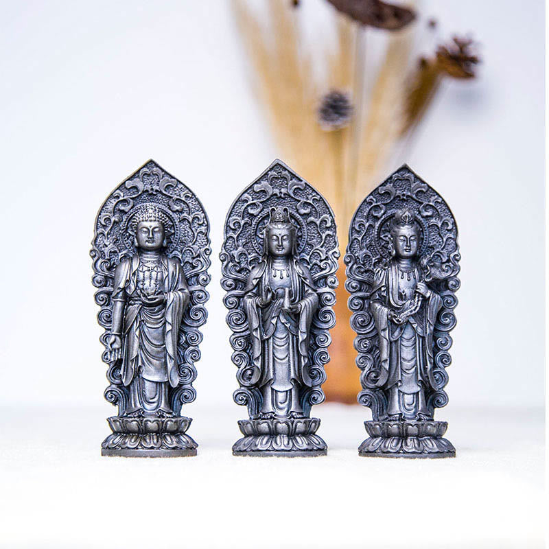 Buddha Stones Handmade Amitabha Guanyin Avalokitesvara Mahasthamaprapta Iron Powder Rust Cast Resin Statue Decoration