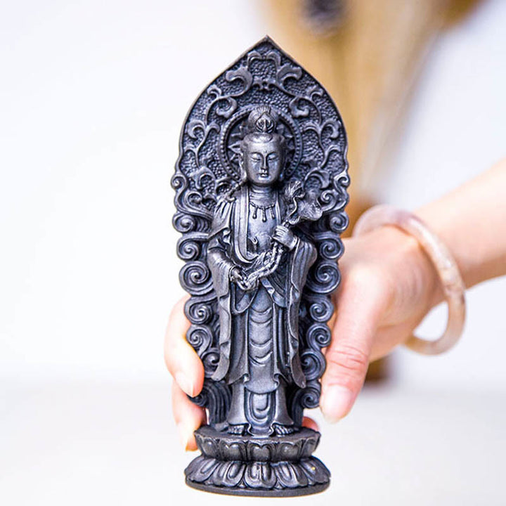 Buddha Stones Handmade Amitabha Guanyin Avalokitesvara Mahasthamaprapta Iron Powder Rust Cast Resin Statue Decoration