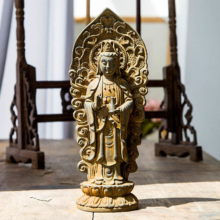 Buddha Stones Handmade Amitabha Guanyin Avalokitesvara Mahasthamaprapta Iron Powder Rust Cast Resin Statue Decoration