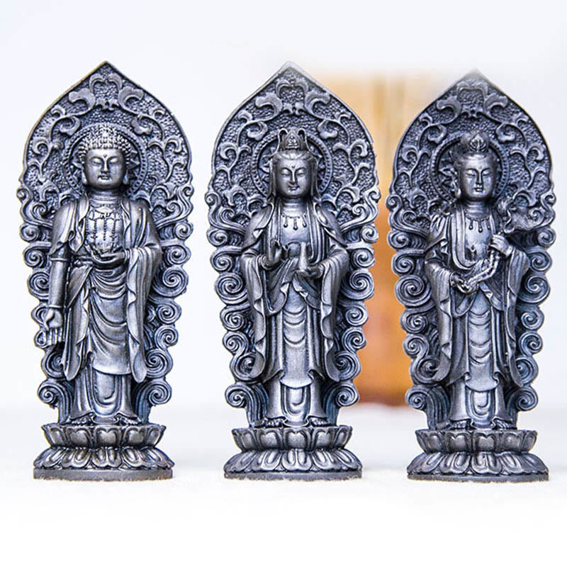 Buddha Stones Handmade Amitabha Guanyin Avalokitesvara Mahasthamaprapta Iron Powder Rust Cast Resin Statue Decoration