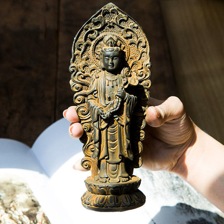 Buddha Stones Handmade Amitabha Guanyin Avalokitesvara Mahasthamaprapta Iron Powder Rust Cast Resin Statue Decoration