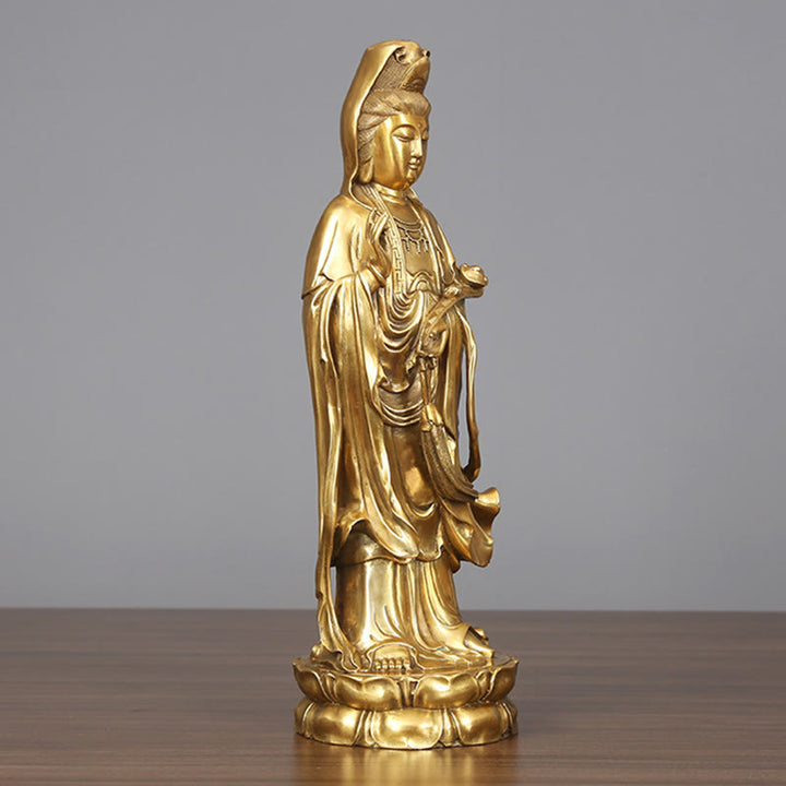 Buddha Stones Golden Standing Kwan Yin Avalokitesvara Wealth Brass Copper Statue Home Desk Decoration - image 1