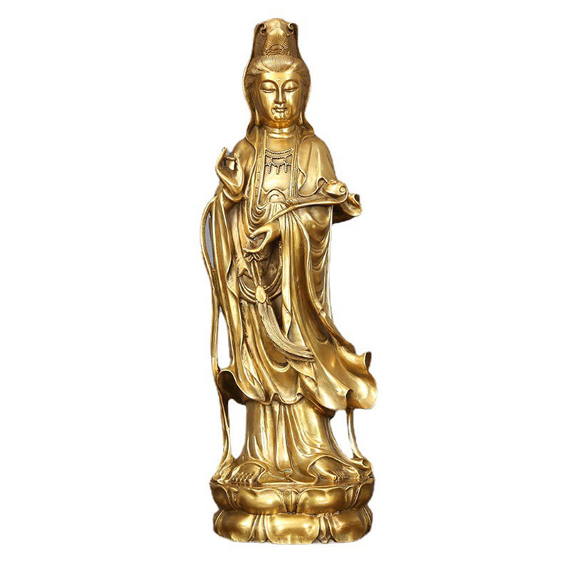 Buddha Stones Golden Standing Kwan Yin Avalokitesvara Wealth Brass Copper Statue Home Desk Decoration