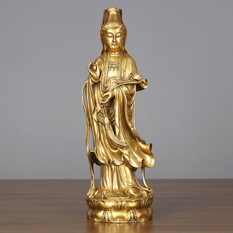 Buddha Stones Golden Standing Kwan Yin Avalokitesvara Wealth Brass Copper Statue Home Desk Decoration - Avalokitesvara 14*44.5cm - image 0
