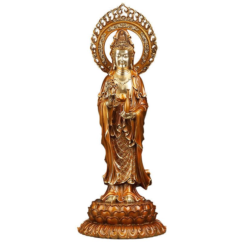 Buddha Stones Kwan Yin Avalokitesvara Lotus Aura Success Brass Copper Statue Home Decoration