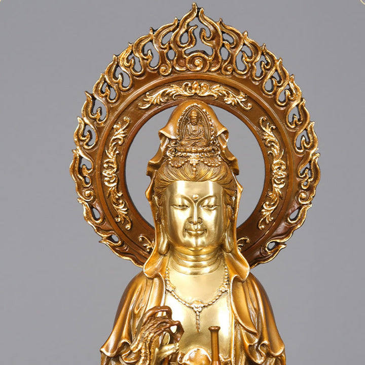 Buddha Stones Kwan Yin Avalokitesvara Lotus Aura Success Brass Copper Statue Home Decoration