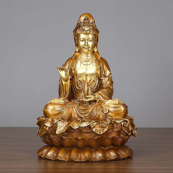 Buddha Stones Kwan Yin Avalokitesvara Lotus Sitting Harmony Brass Copper Statue Home Altar Decoration