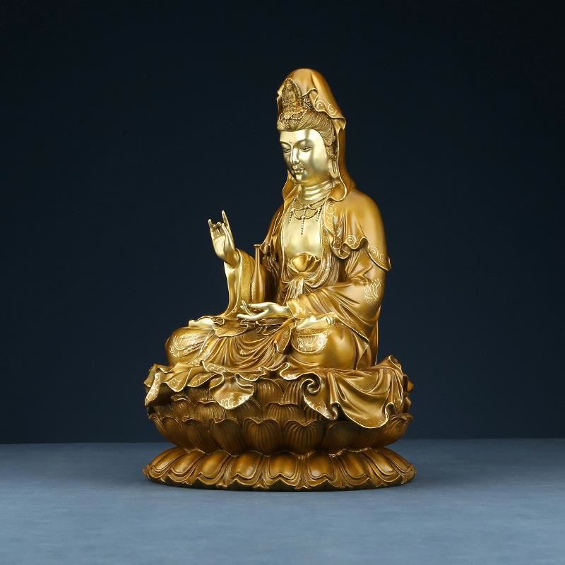 Buddha Stones Kwan Yin Avalokitesvara Lotus Sitting Harmony Brass Copper Statue Home Altar Decoration